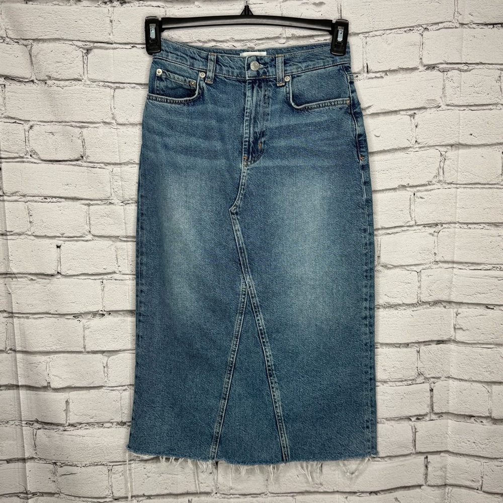 Rails Highland Denim Midi Skirt Size 25 Raw Hem Modest Country Western Cowgirl